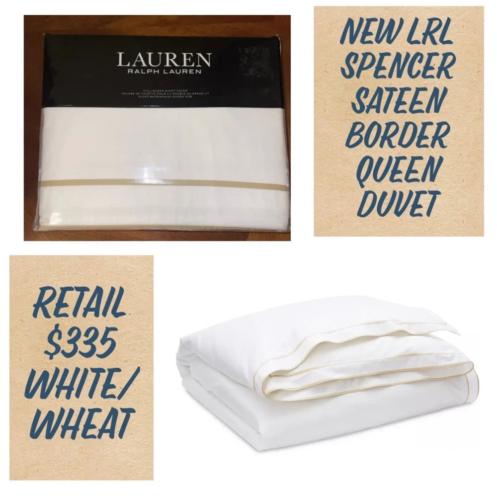 New! Lauren RalphLauren Spencer Sateen Queen Duvet+2 Pillowcases White/Wheat🤍